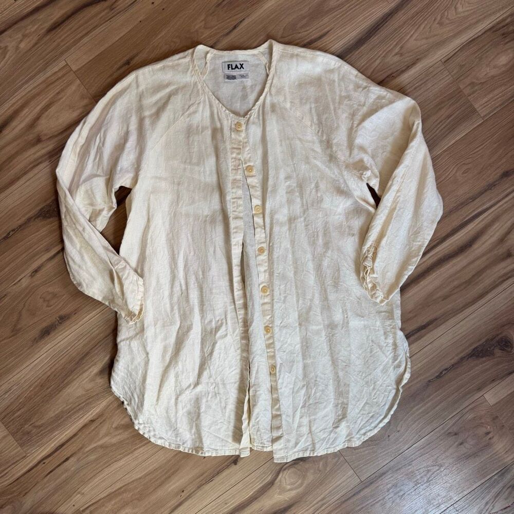 Flax Women's Linen Long Sleeve Button Down Tunic Top Butter Yellow Size Medium